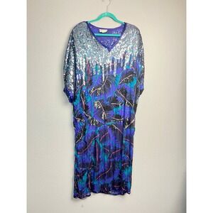 Judith Ann Plus Vintage Silk Sequin Kaftan Dress Purple Tropical Beaded 1X 16-18